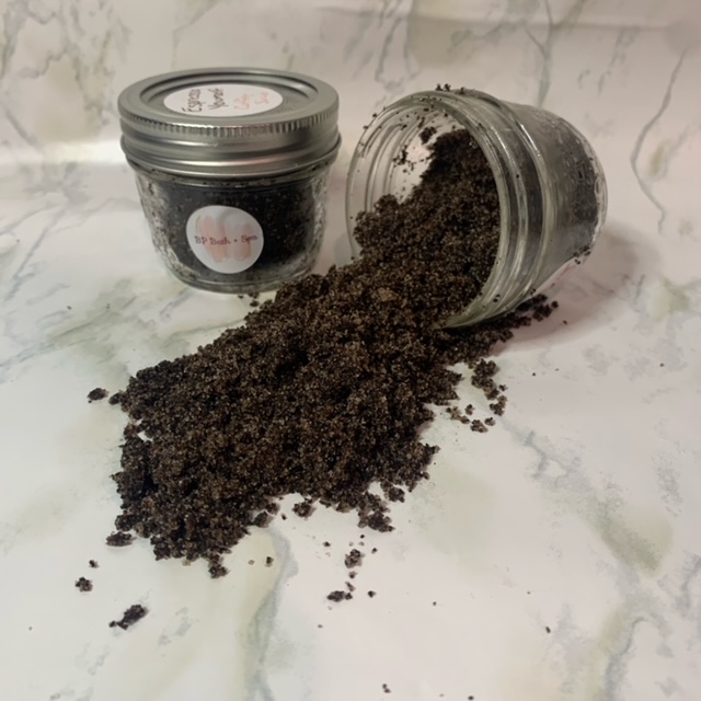 Body scrub made with coffee and sugar for natural exfoliating effects.